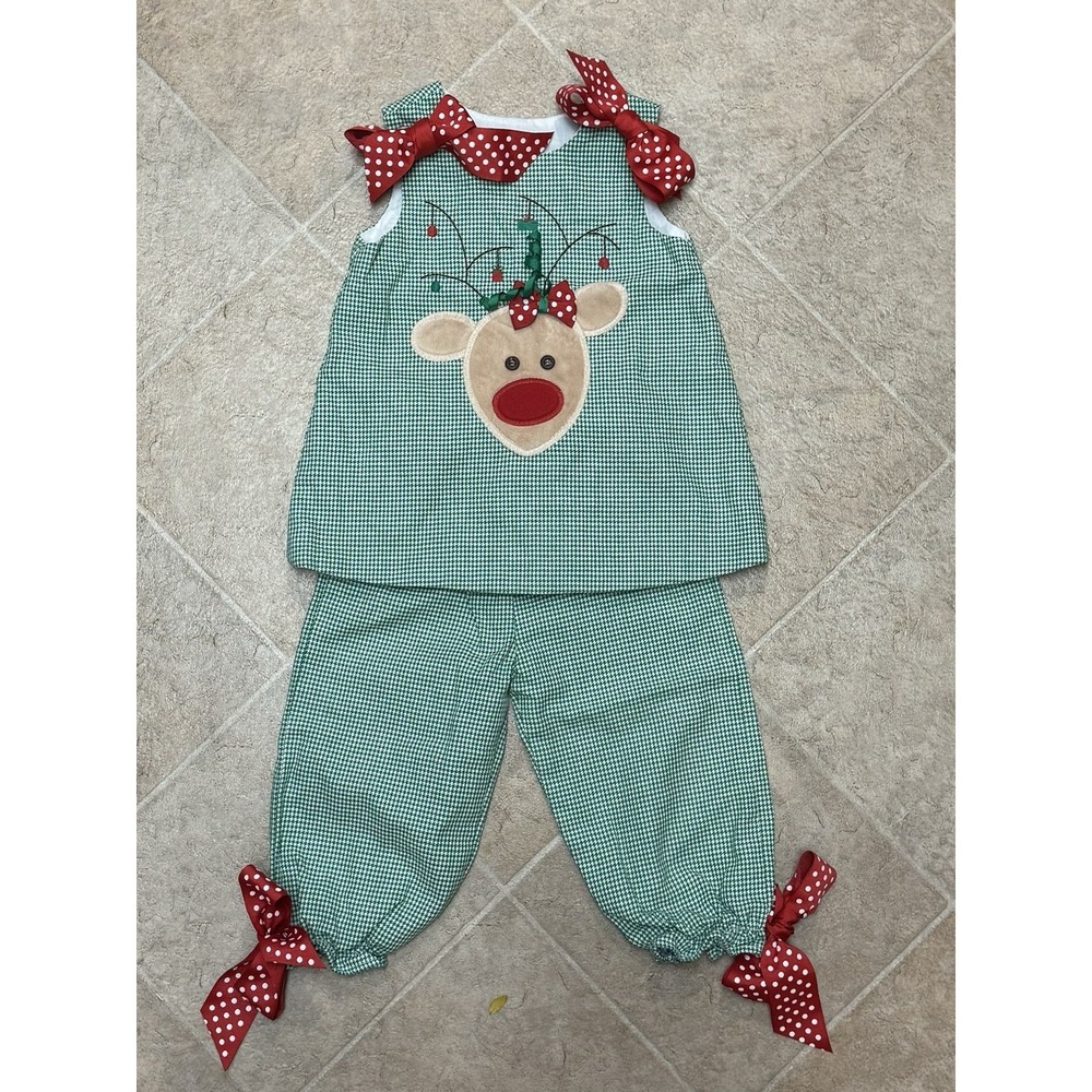 VTG Bailey Boys 12 Mo Girl 2 Piece Set Green Houndstooth‎ Reindeer Bows Holiday